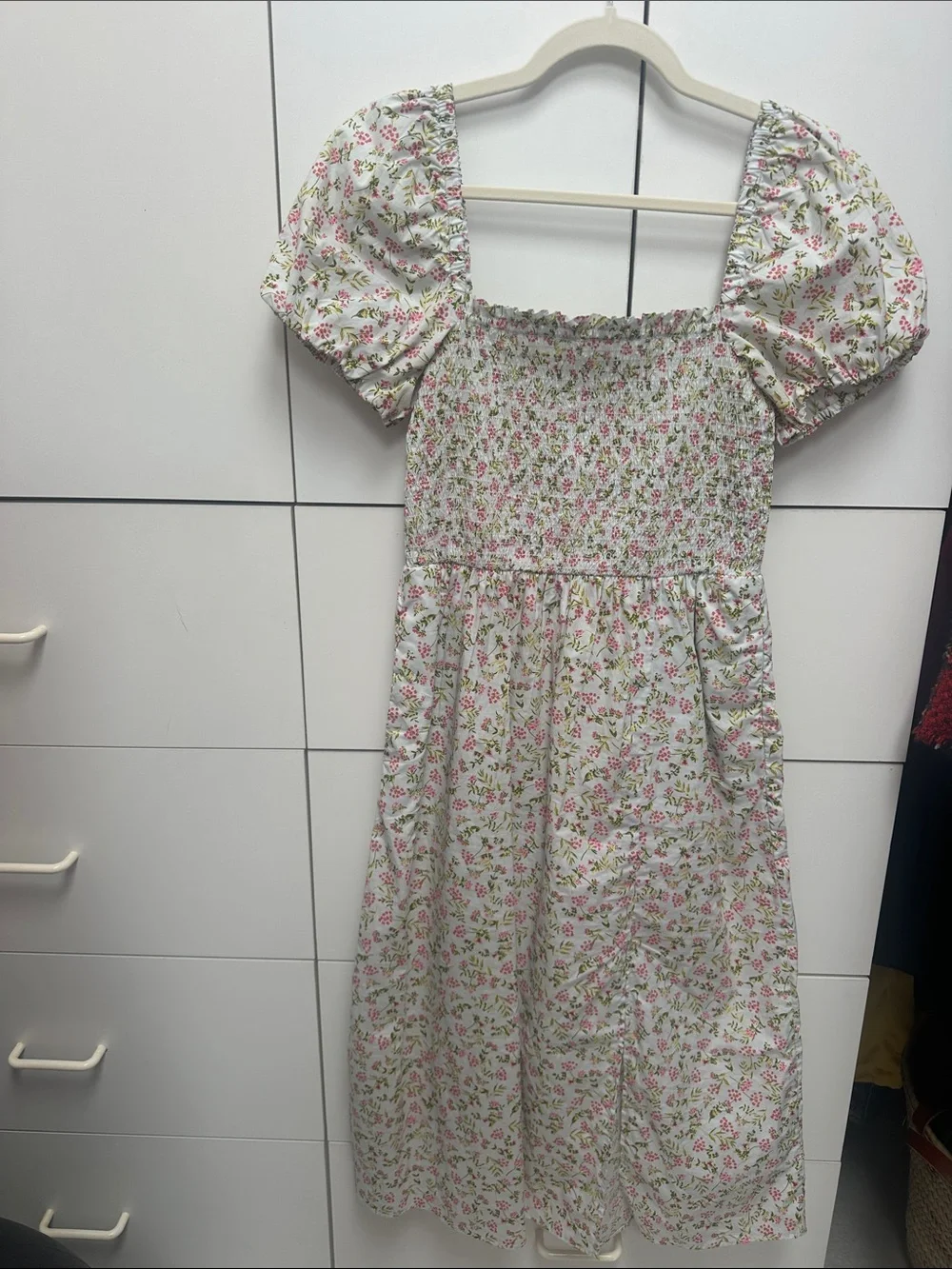 J. Crew Floral Smocked Midi Dress - White with Pink & Green